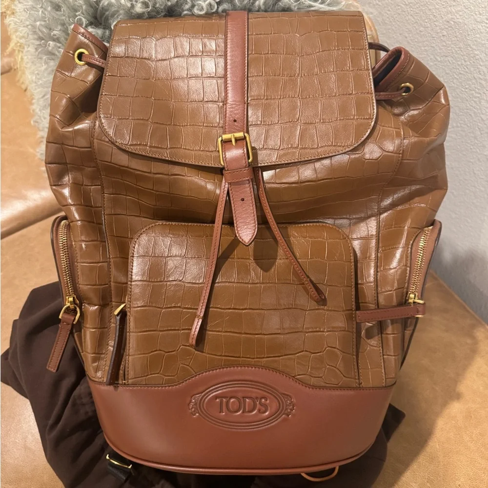 Tod's Tan Croc-Embossed Leather Backpack - Picture 1 of 6